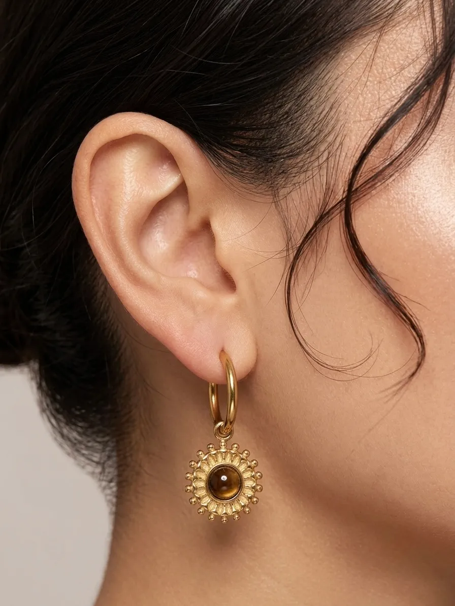 Arete de aro con dije en forma de sol y piedra central